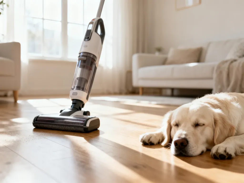 Nowoczesny odkurzacz stojący na drewnianej podłodze obok odpoczywającego psa rasy golden retriever w słonecznym salonie.