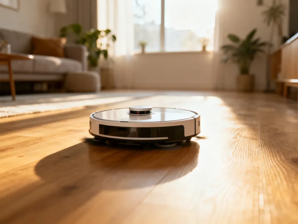 Nowoczesny robot sprzątający poruszający się po jasnej drewnianej podłodze w minimalistycznym salonie.