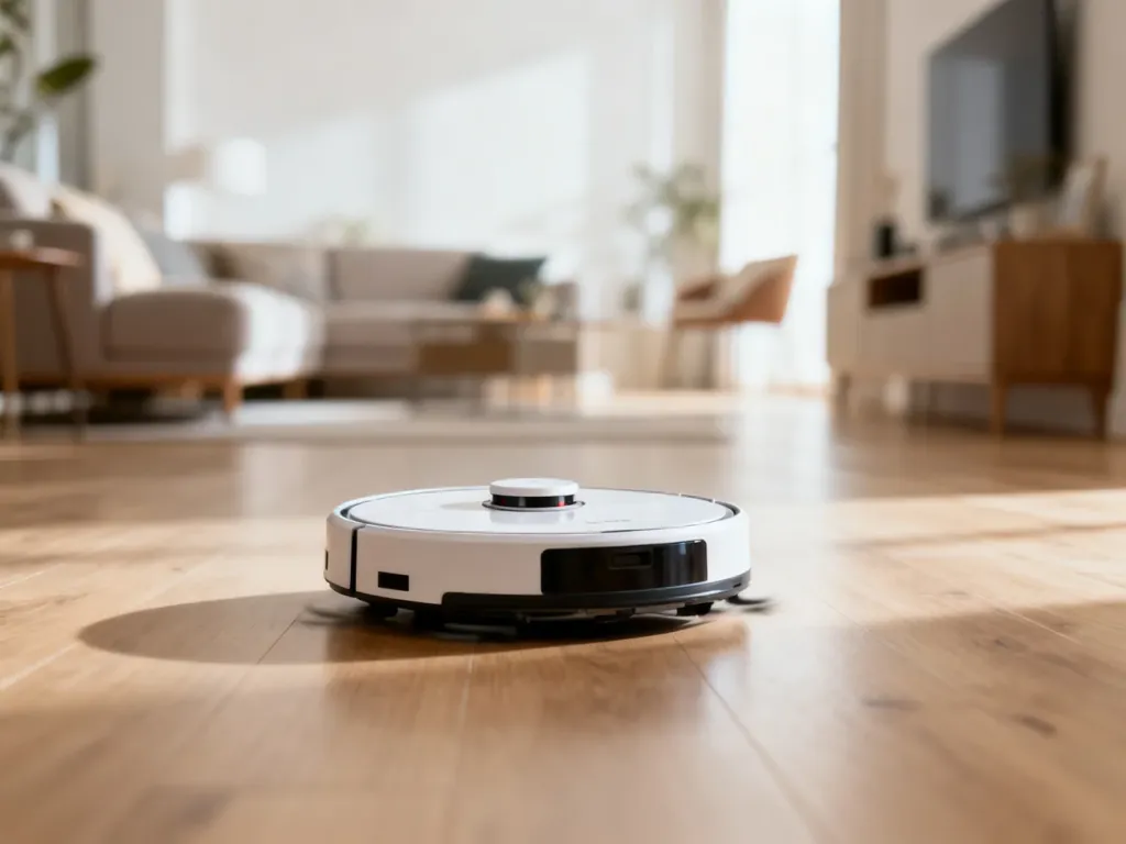 Nowoczesny robot sprzątający poruszający się po drewnianej podłodze w jasnym, minimalistycznym salonie.