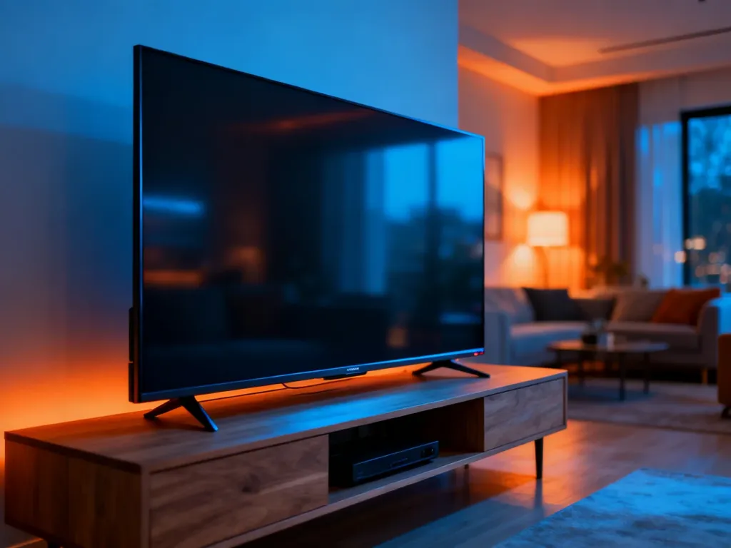 Nowoczesny telewizor 4K marki Hisense ustawiony na minimalistycznej szafce w przytulnym, stylowym salonie.