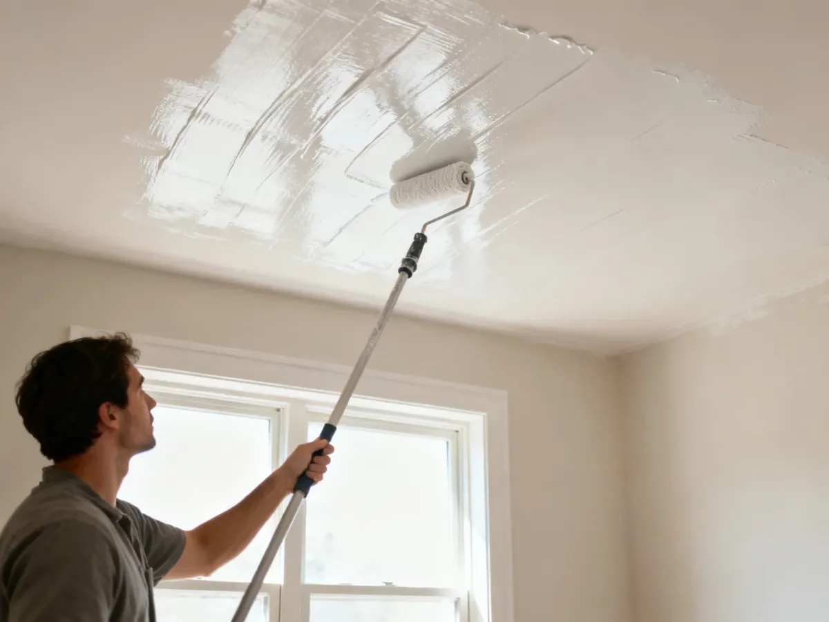 Malowanie sufitu wałkiem od strony okna w głąb jasnego pomieszczenia