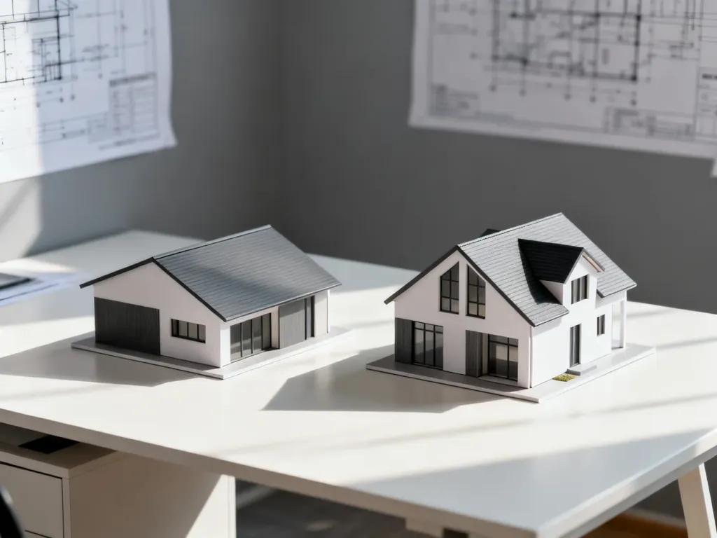 Porównanie makiet nowoczesnego domu z dachem jednospadowym oraz klasycznym dachem dwuspadowym na biurku architekta.