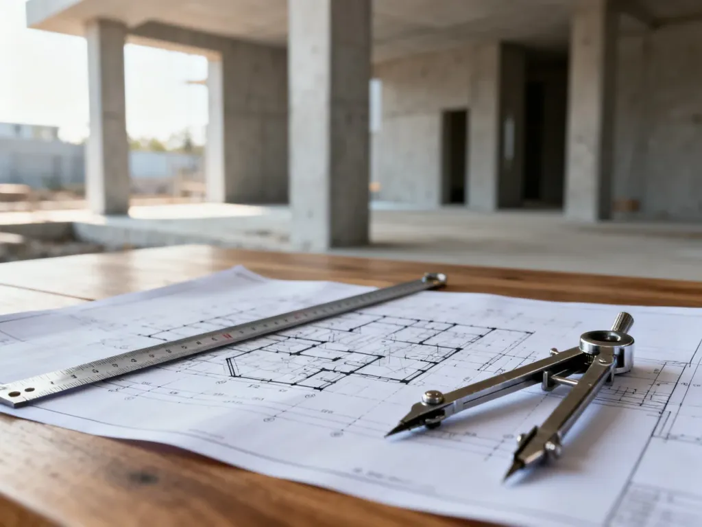 Projekt architektoniczny z narzędziami pomiarowymi na drewnianym stole, w tle widoczne betonowe słupy konstrukcyjne.