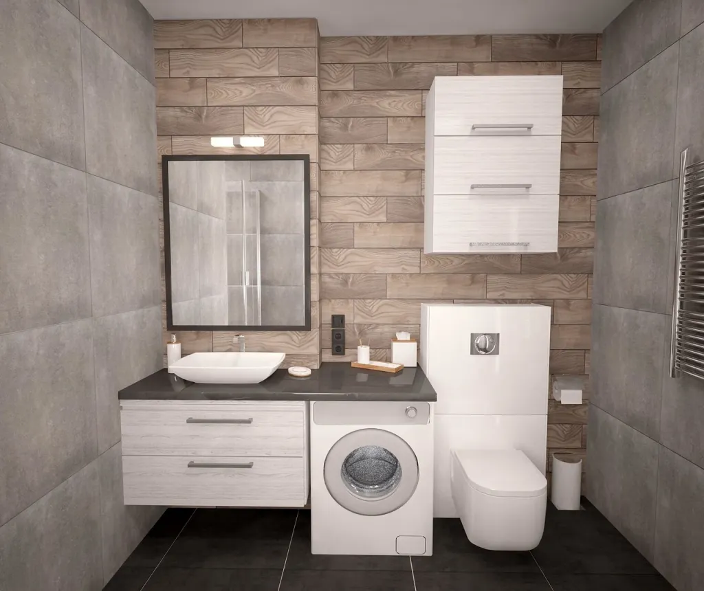Płytki ceramiczne imitujące panele podłogowe w łazience.