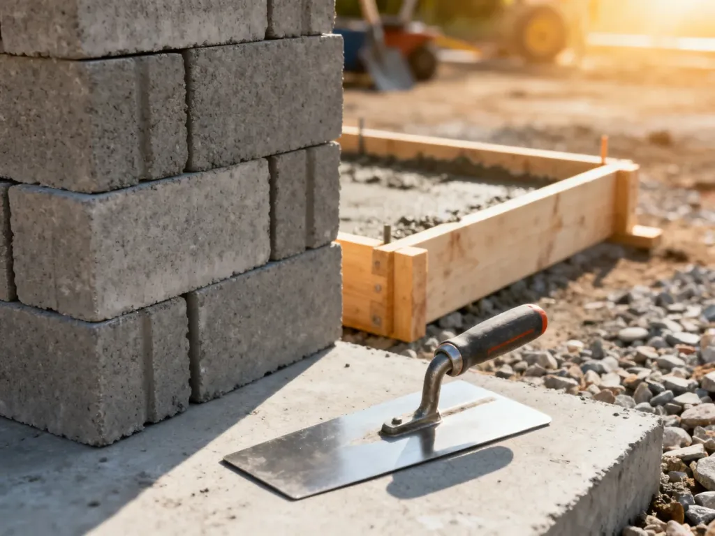 Stos bloczków betonowych oraz szalunek pod wylewany fundament na placu budowy. Obok narzędzia murarskie.