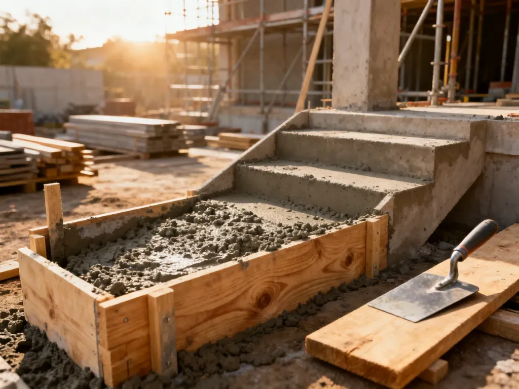 Drewniane szalunki wypełnione świeżym betonem podczas budowy schodów na placu budowy.