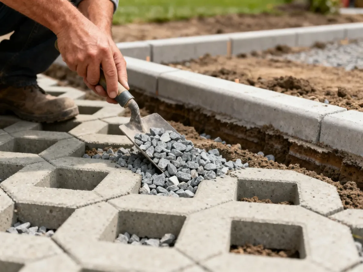 Układanie kruszywa w otworach betonowych płyt ażurowych