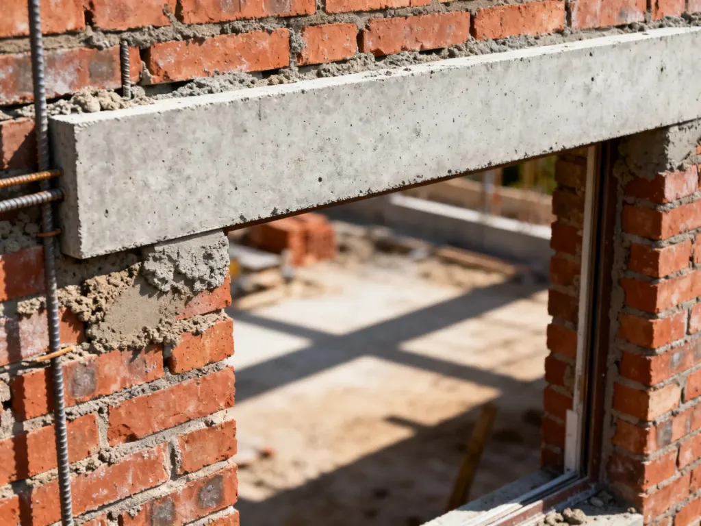 Betonowe nadproże zamontowane nad otworem okiennym w surowej ścianie z czerwonej cegły.