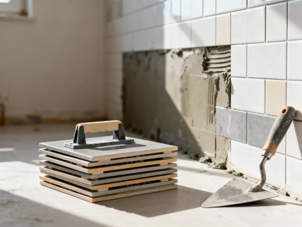Płytki ceramiczne, kielnia i krzyżyki dystansowe przygotowane do układania glazury w łazience.