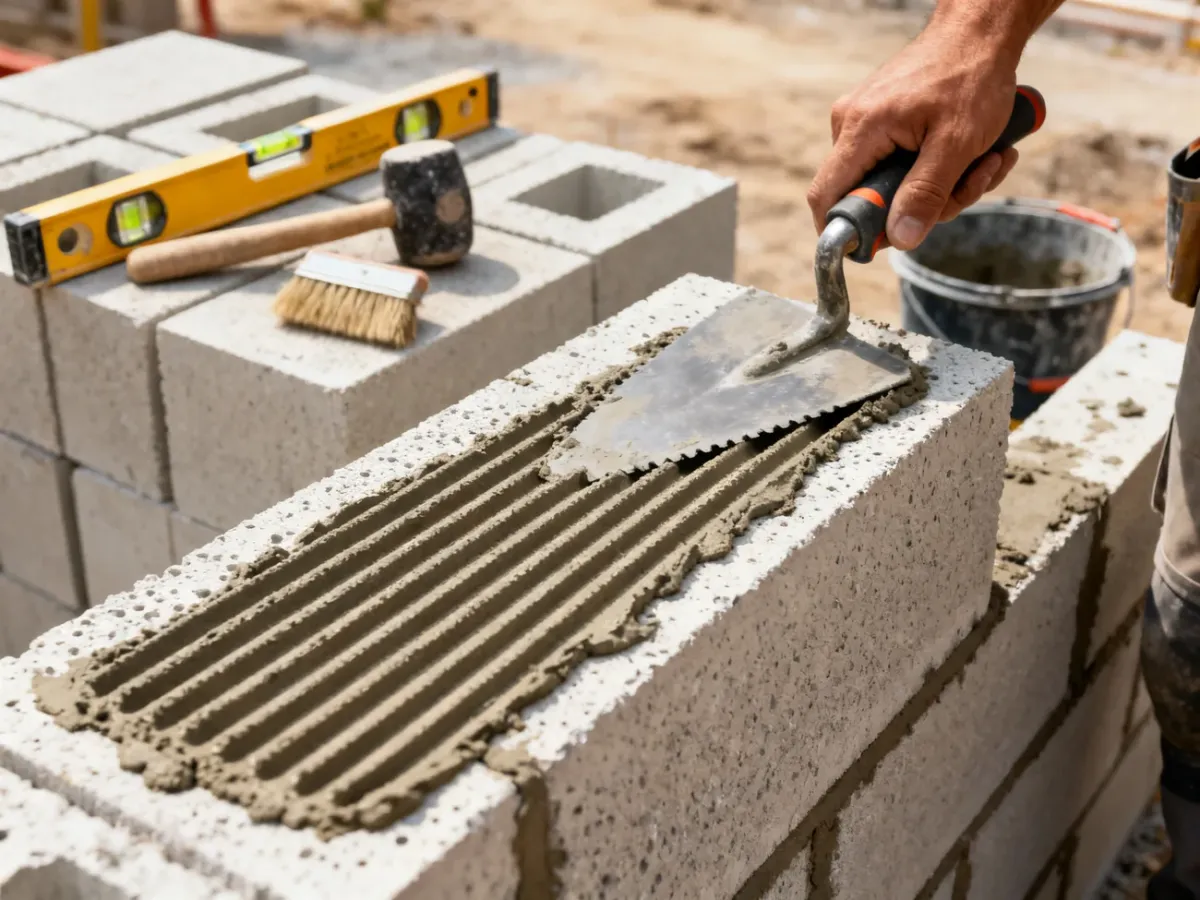 Nakładanie cienkowarstwowej zaprawy klejowej na bloczki z betonu komórkowego