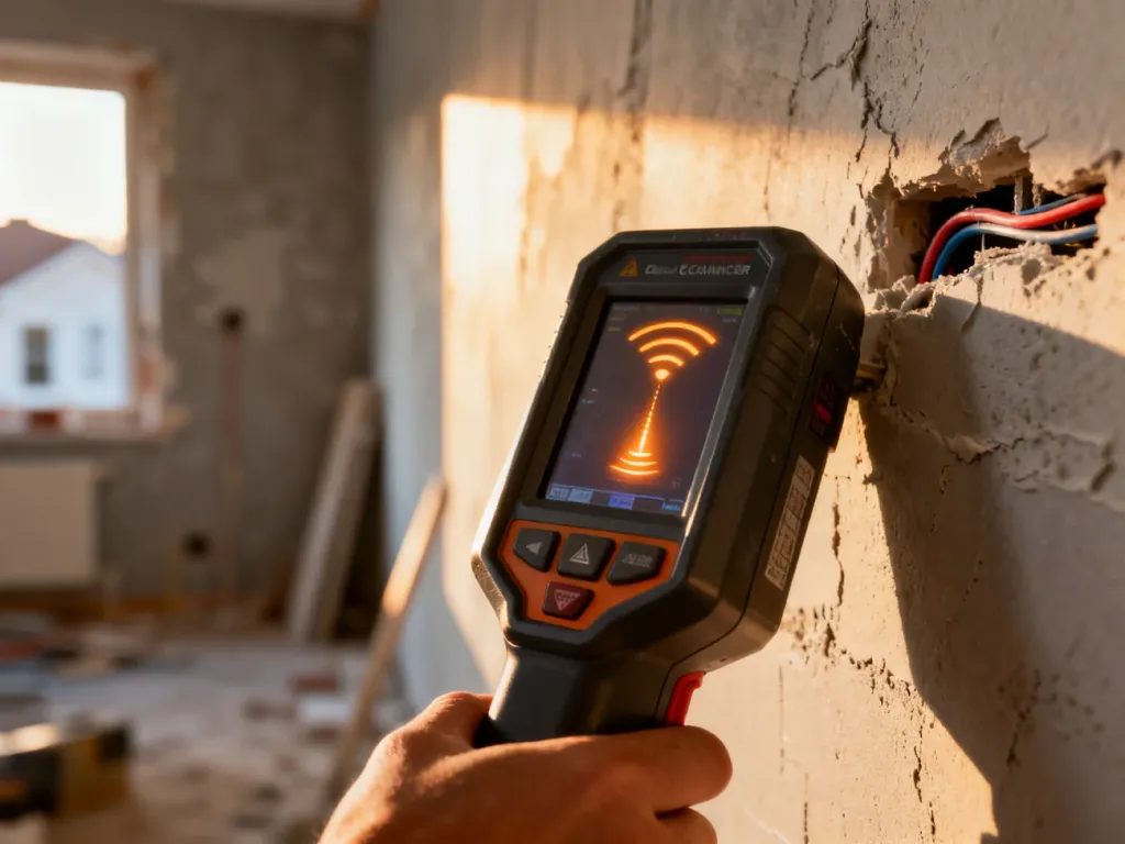 Elektroniczny wykrywacz przewodów przyłożony do ściany, wskazujący na wyświetlaczu obecność instalacji elektrycznej.