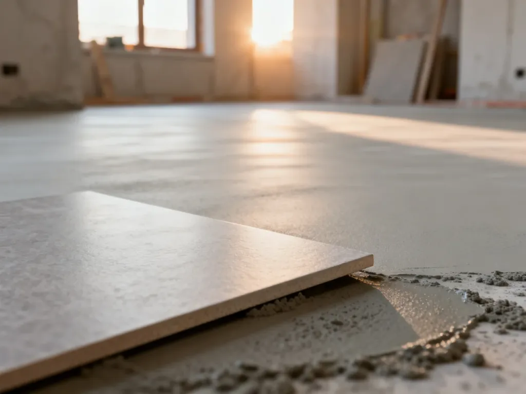 Gładka wylewka anhydrytowa z przyłożoną płytką ceramiczną, prezentująca gotowe podłoże do prac wykończeniowych.