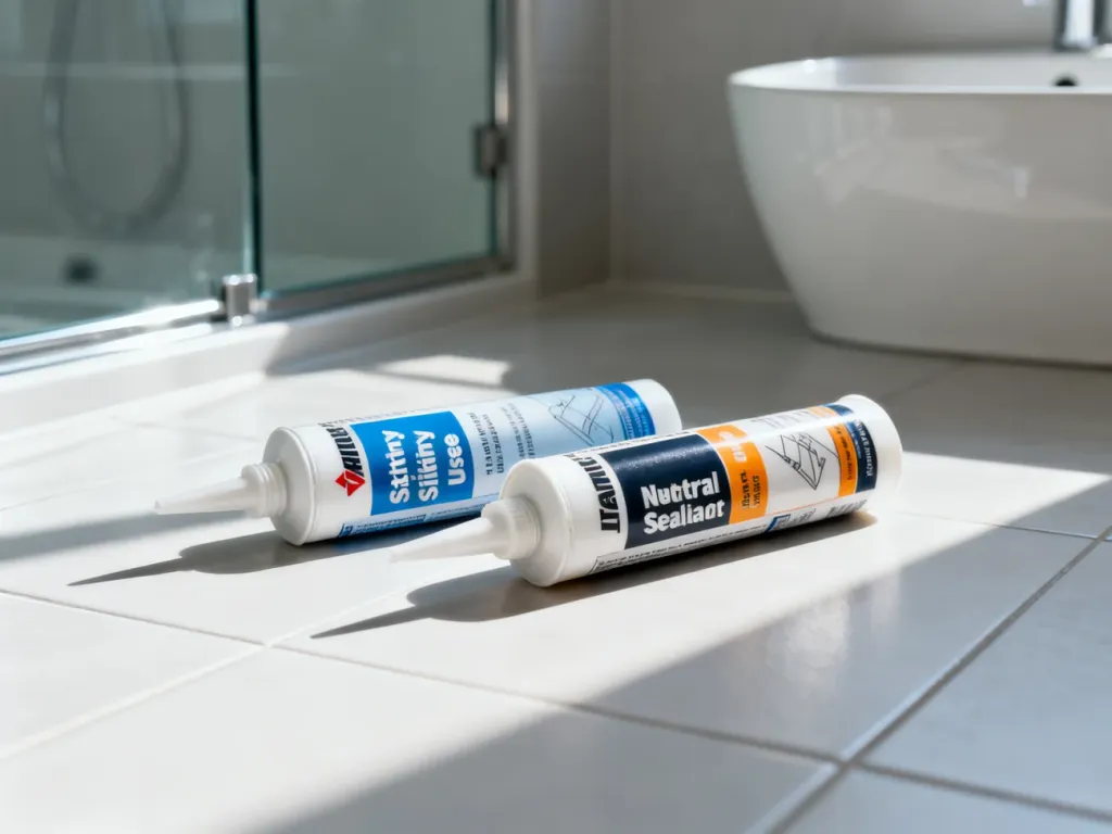 Dwie tuby silikonu – sanitarnego i neutralnego – leżące na nowoczesnych płytkach łazienkowych.