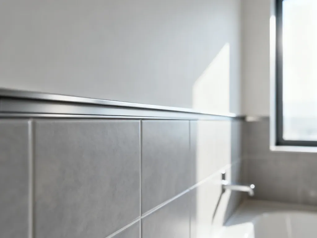 Minimalistyczna metalowa listwa wykańczająca krawędź płytek ściennych w nowoczesnej łazience.