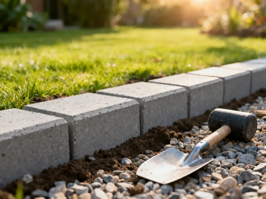 Betonowe obrzeża ułożone na podbudowie z kruszywa, obok narzędzia brukarskie w ogrodzie.