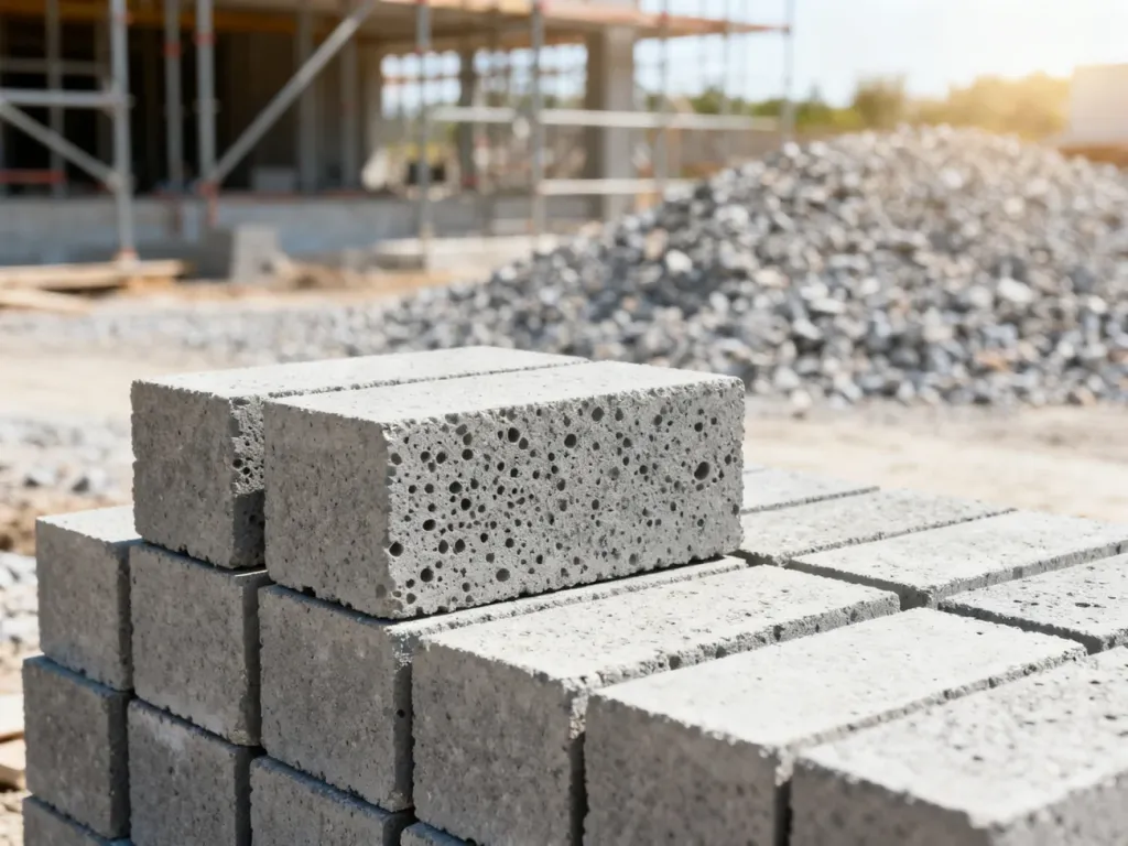 Stos szarych bloczków betonowych na placu budowy, ukazujący porowatą strukturę materiału.