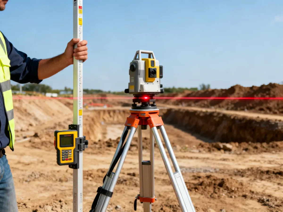 Pracownik odczytujący wiązkę niwelatora laserowego za pomocą detektora na łacie