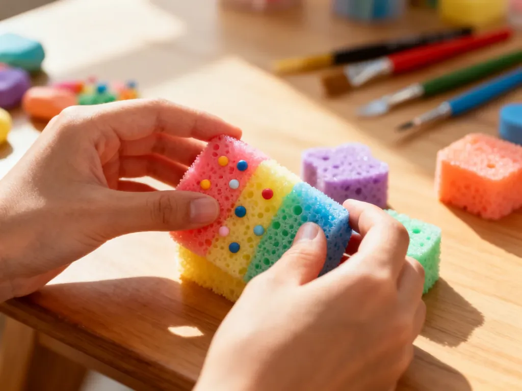 Dłonie formujące kolorową masę foam clay o ziarnistej strukturze na drewnianym stole.