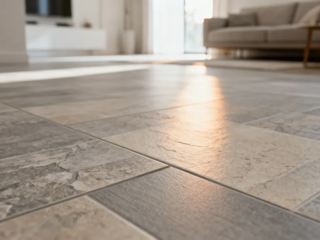Nowoczesne panele laminowane z wzorem kamienia, imitujące płytki ceramiczne w jasnym, minimalistycznym salonie.