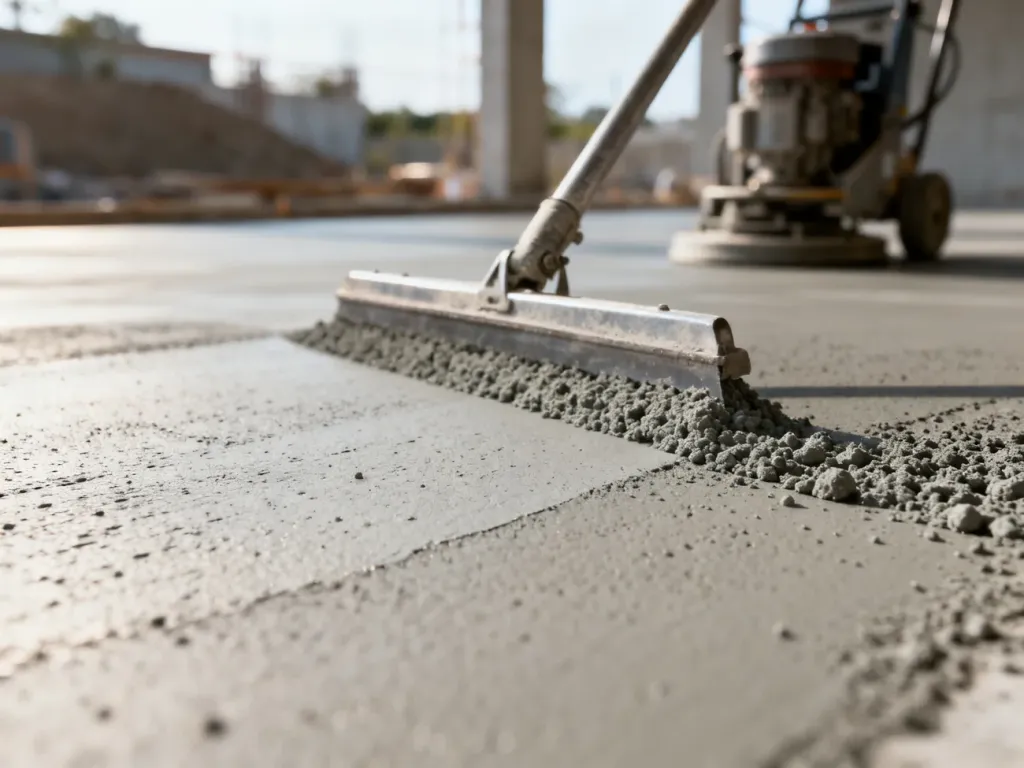 Proces nakładania mineralnej posypki utwardzającej na świeżą wylewkę betonową w warunkach budowlanych.