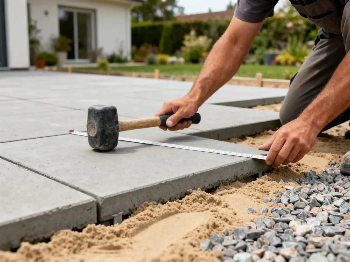 Układanie betonowych płyt tarasowych na przygotowanej podsypce