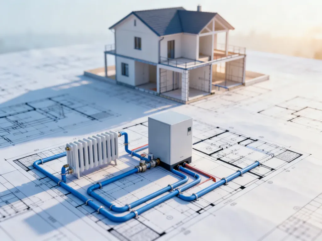 Schemat techniczny instalacji centralnego ogrzewania z widocznym rozmieszczeniem rur, grzejników i kotła w domu piętrowym.