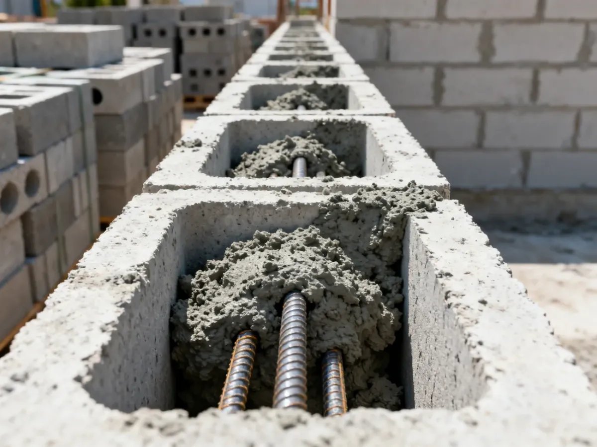 Beton wypełniający pustaki szalunkowe z widocznym zbrojeniem
