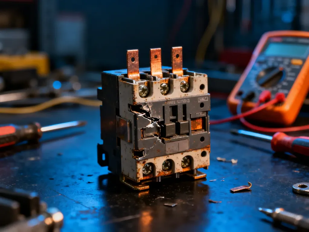 Uszkodzony przekaźnik termiczny z widocznymi śladami zużycia na tle profesjonalnych narzędzi elektrycznych.