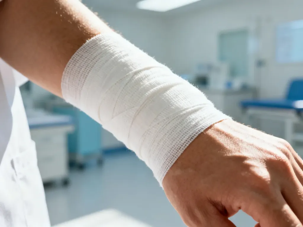 Bandaż kohezyjny owinięty wokół nadgarstka, ukazujący strukturę materiału w profesjonalnym gabinecie medycznym.