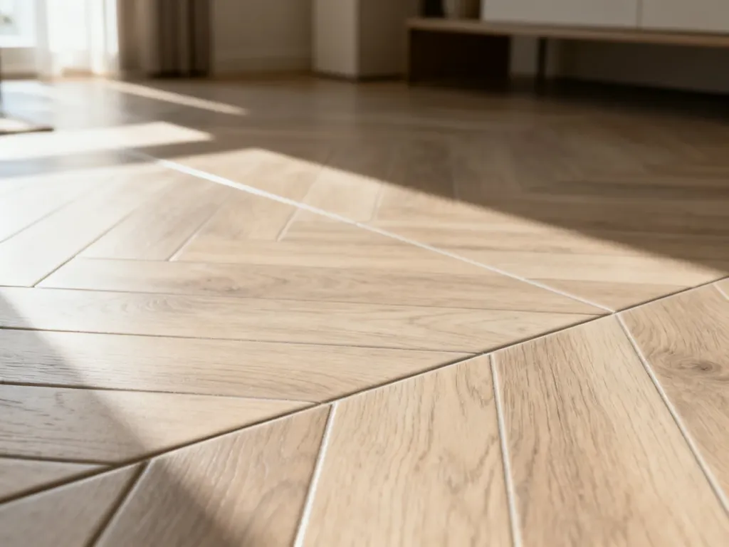 Płytki ceramiczne o fakturze naturalnego drewna w nowoczesnym salonie, oświetlone ciepłym światłem poranka.