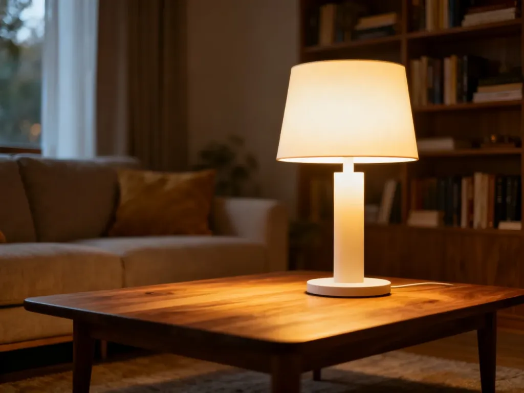 Przytulny salon oświetlony ciepłym, złotym światłem lampy, tworzącym nastrojową i relaksującą atmosferę.