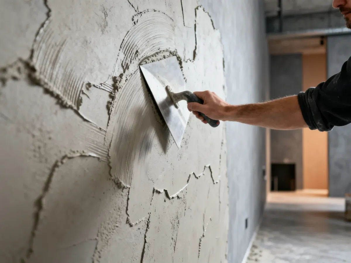 Nakładanie dekoracyjnego betonu na ścianę pacą wenecką