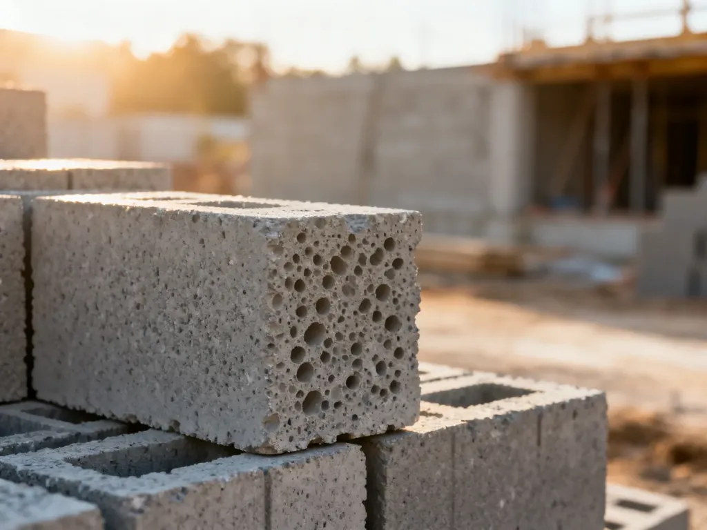 Stos bloczków z betonu komórkowego o porowatej strukturze na placu budowy w świetle poranka.