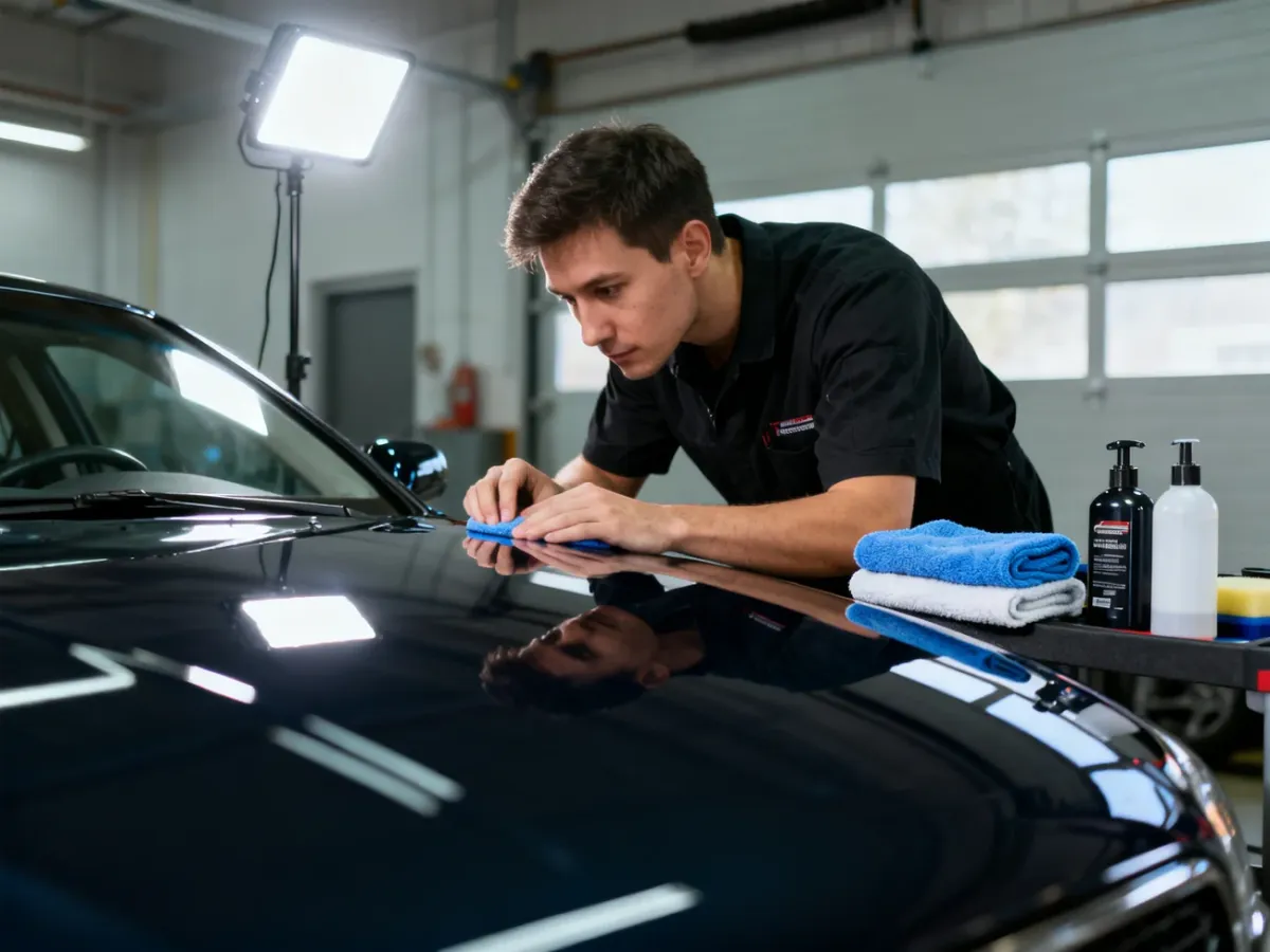 Detailer inspects polished car paint under a bright lamp before ceramic coating