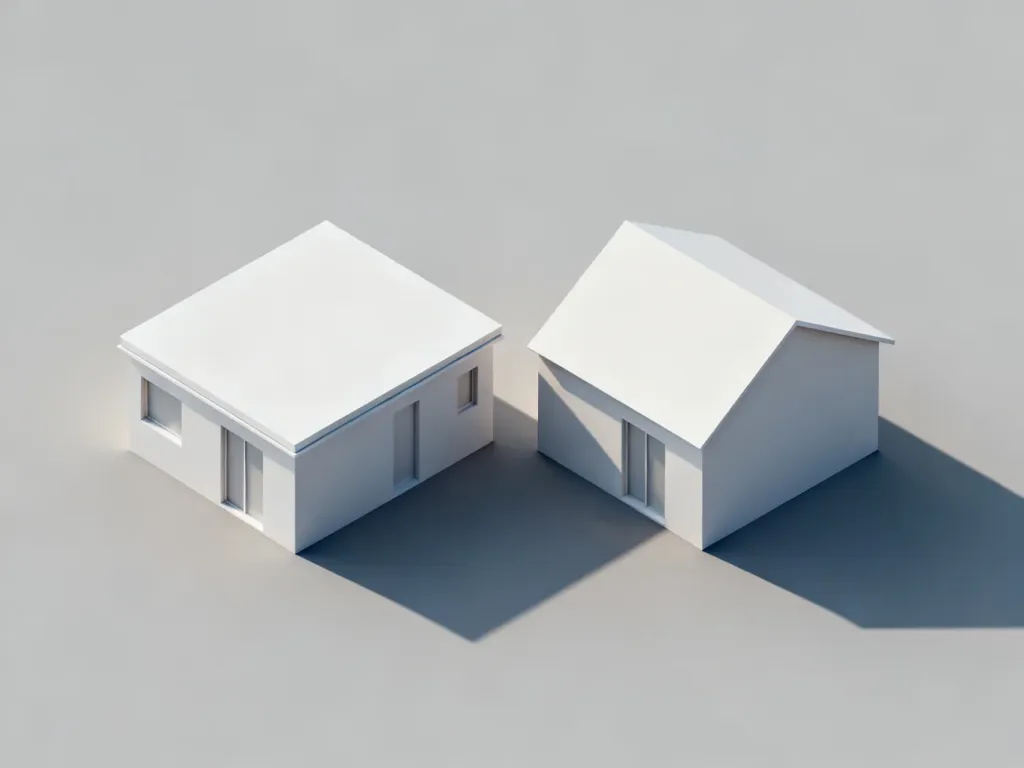 Porównanie modelu domu z dachem płaskim i dwuspadowym, ilustrujące różnice w geometrii bryły budynku.
