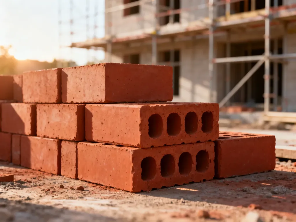 Czerwone pustaki ceramiczne ułożone na placu budowy w tle z powstającym budynkiem.