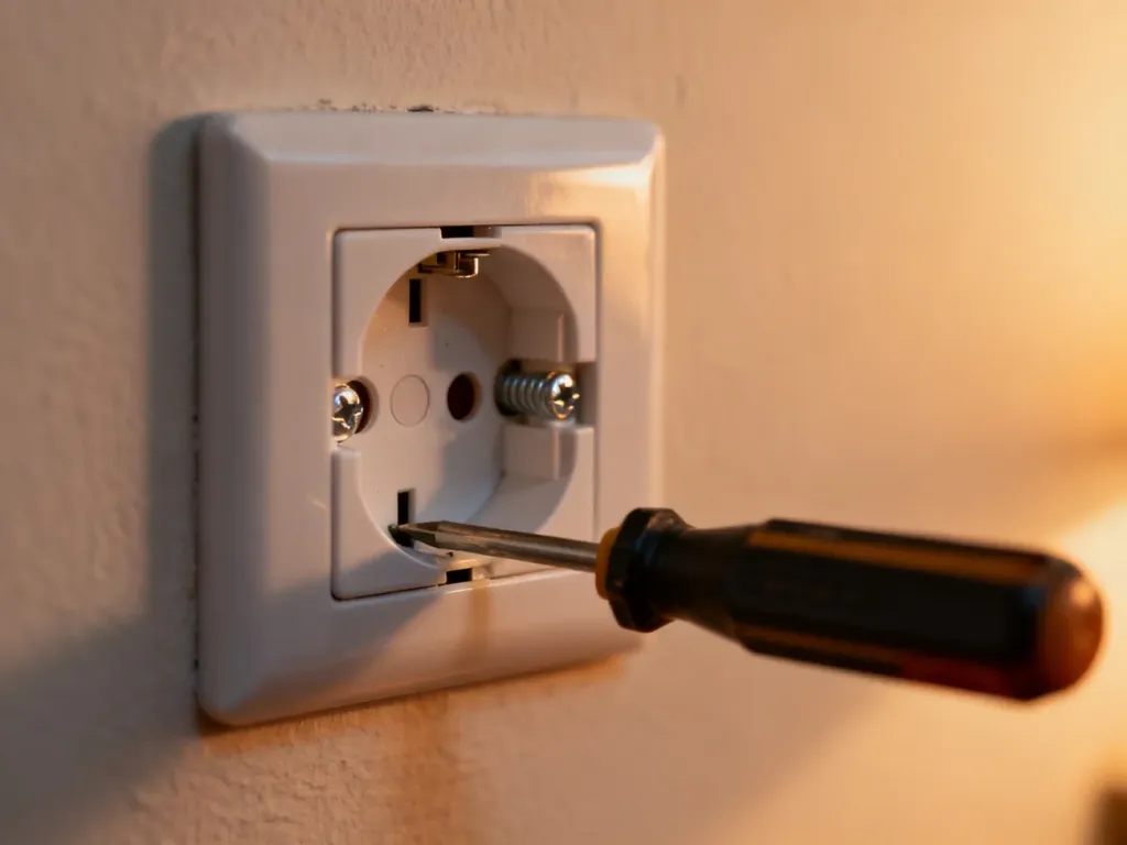 Śrubokręt dokręcający poluzowane gniazdko elektryczne na ścianie.