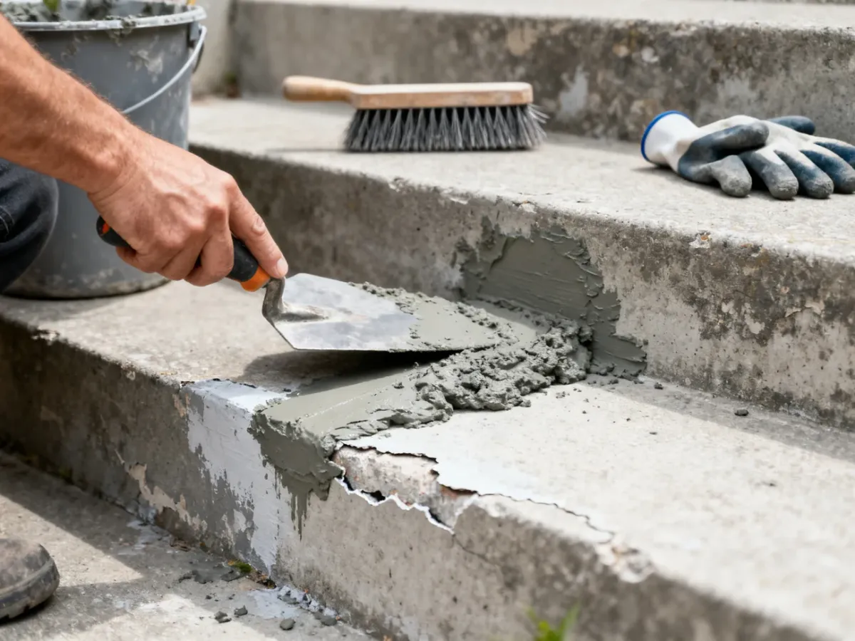 Naprawa wykruszonej krawędzi betonowego stopnia zaprawą naprawczą