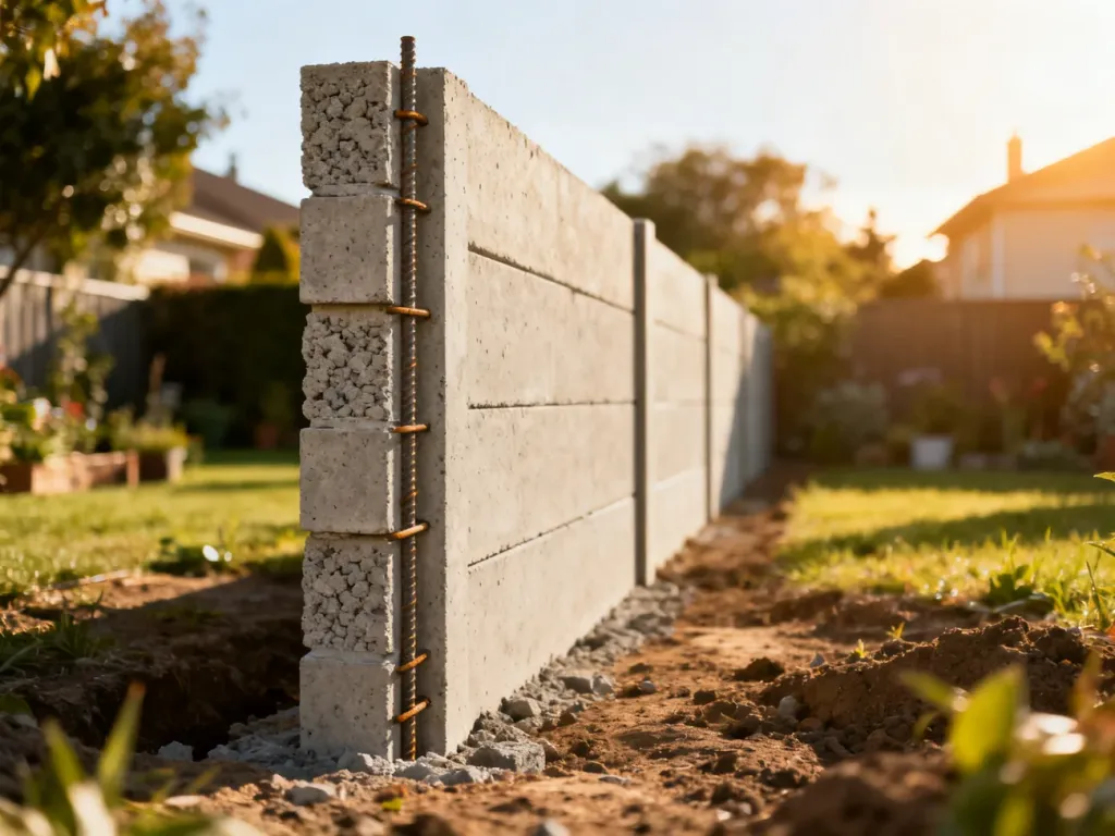 Nowo zamontowany panel ogrodzenia betonowego z widocznymi zbrojeniami na tle przydomowego ogrodu.