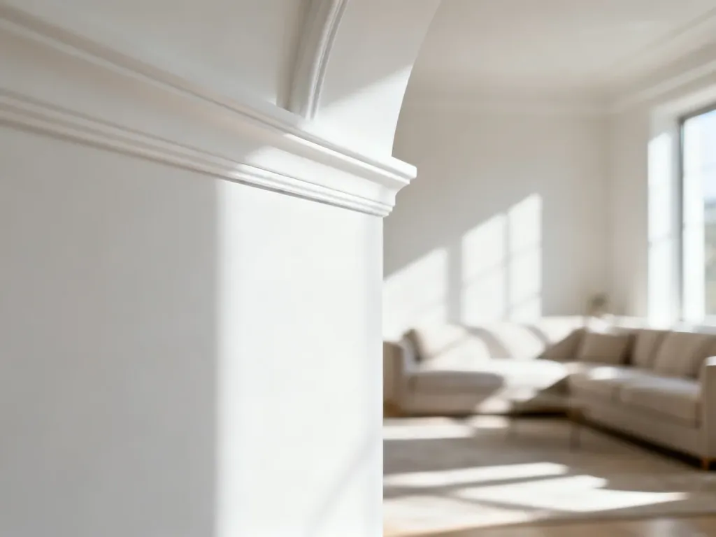 Minimalistyczny salon z wyraźnym połączeniem białego sufitu i ścian, podkreślający czystą, nowoczesną estetykę wnętrza.