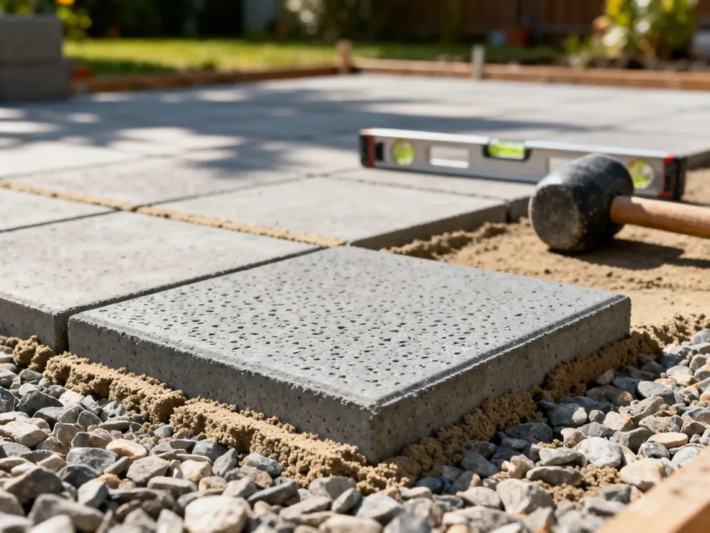 Układanie betonowych płyt tarasowych na podbudowie z kruszywa z widocznymi narzędziami montażowymi.