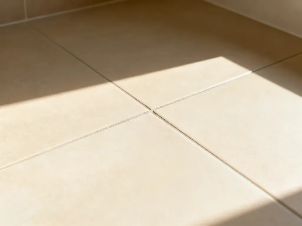 Jasne płytki łazienkowe z estetyczną, czystą fugą w świetle poranka, podkreślającą minimalistyczny design wnętrza.
