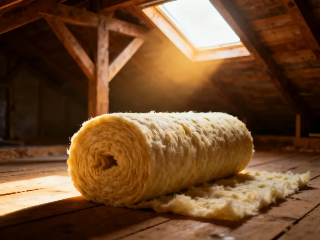 Rolki wełny mineralnej przygotowane do ocieplenia poddasza na tle drewnianej konstrukcji dachu.