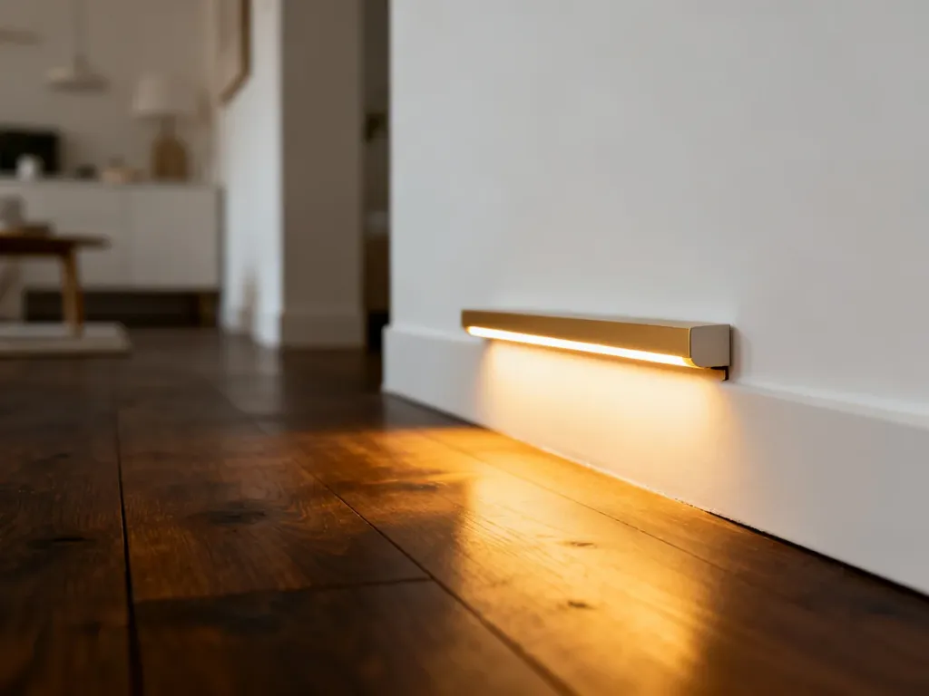 Nowoczesne oświetlenie LED zamontowane nisko przy podłodze, emitujące ciepłe światło w minimalistycznym korytarzu.