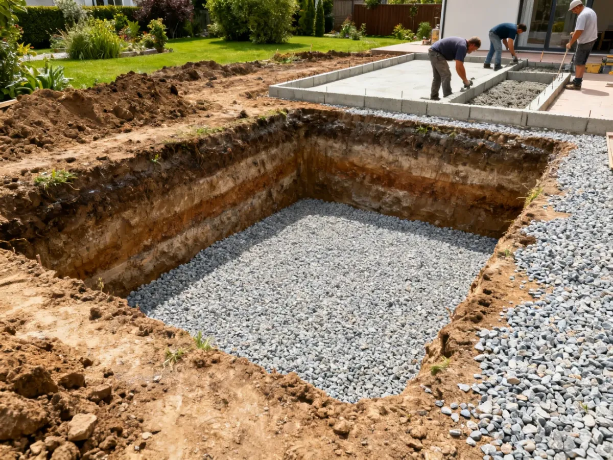 Wykop pod fundament punktowy tarasu z warstwą żwiru drenażowego