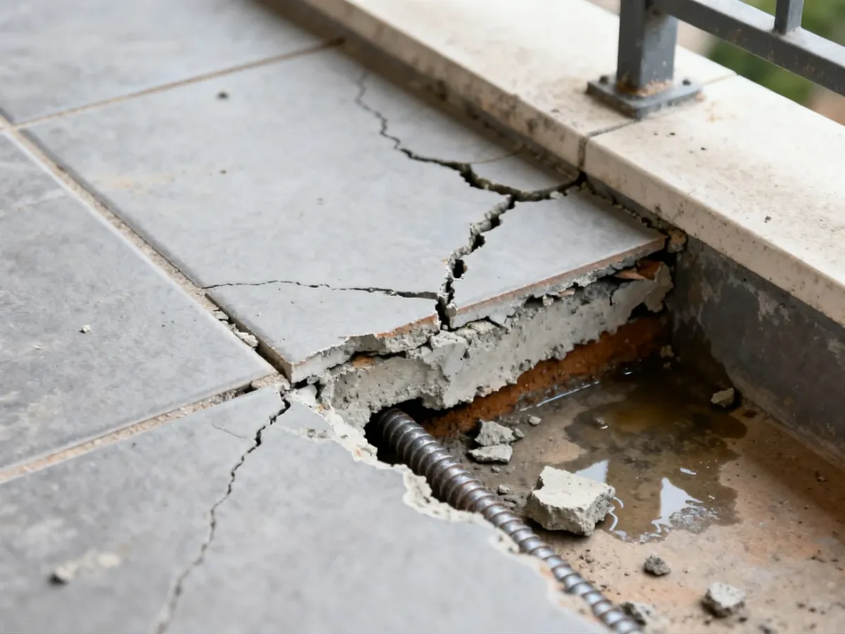Uszkodzony balkon z pęknięciami, odspojonymym betonem i widocznym zbrojeniem