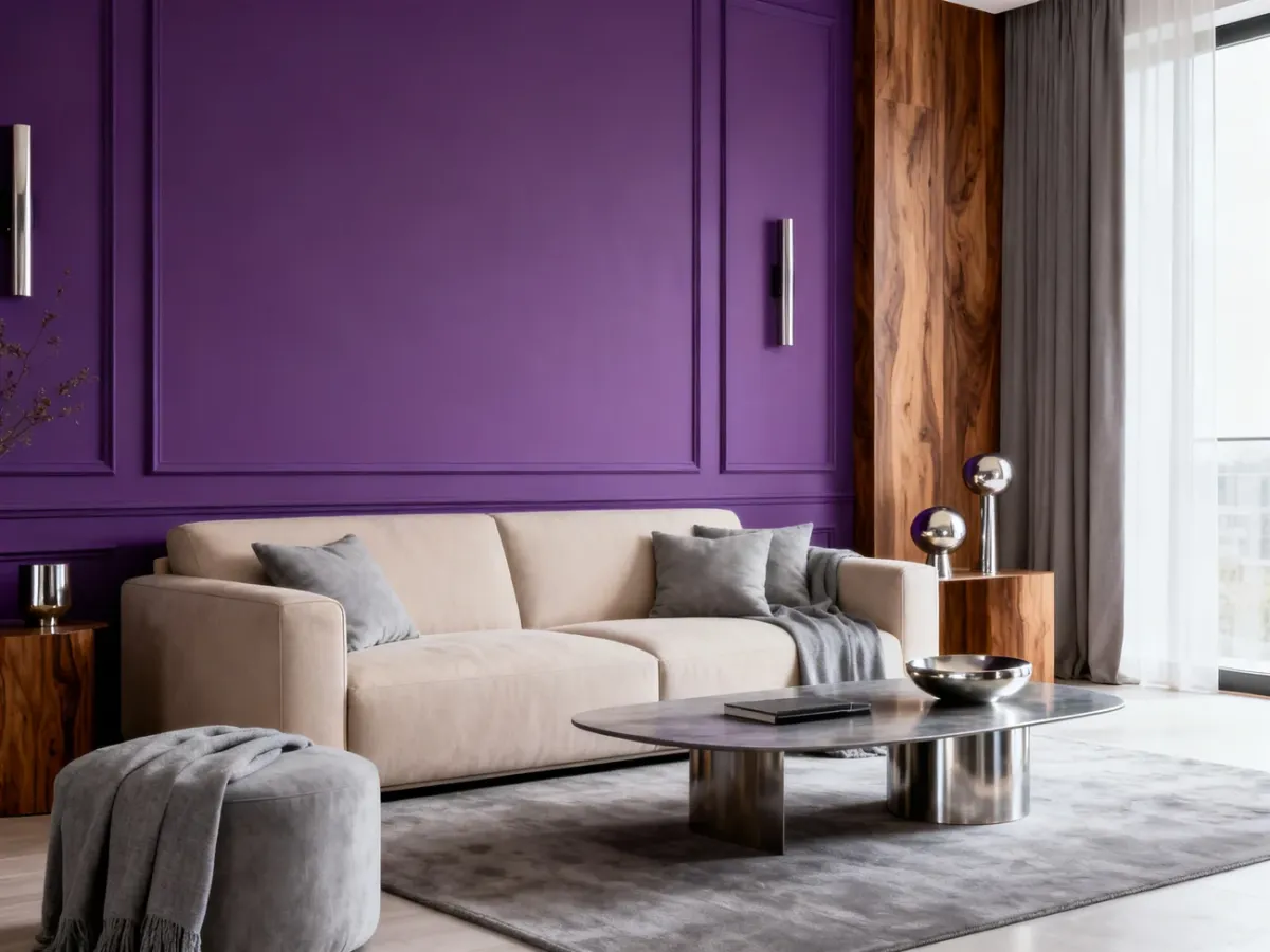 Elegancki salon z fioletową ścianą i neutralnymi dodatkami