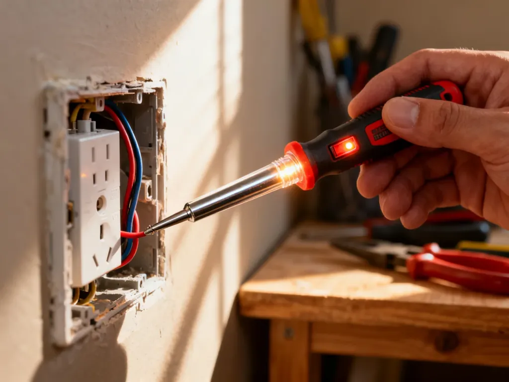 Dłoń używająca próbnika napięcia do sprawdzenia przewodu w gniazdku elektrycznym. Świecąca dioda sygnalizuje przepływ prądu.