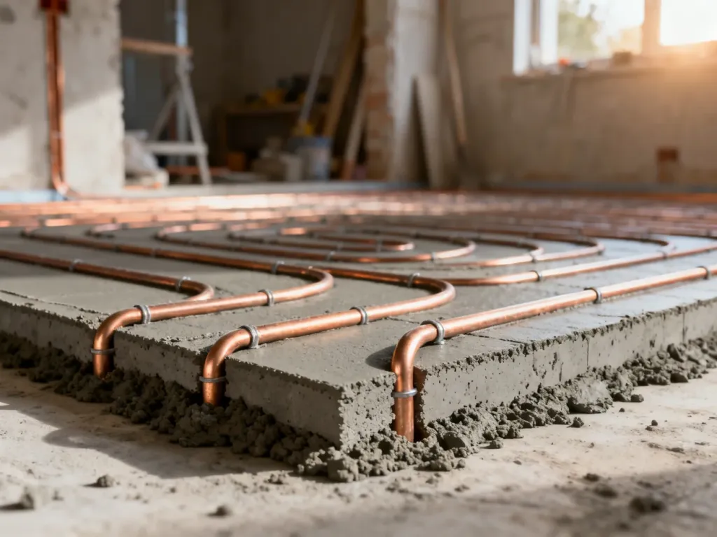 Przekrój wylewki betonowej z widocznymi rurami ogrzewania podłogowego podczas profesjonalnego montażu instalacji.
