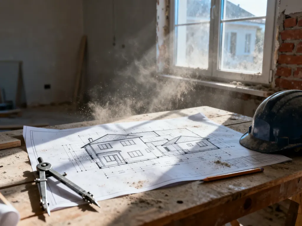 Plany architektoniczne budynku, kask i narzędzia pomiarowe na tle remontowanego wnętrza z odsłoniętą cegłą.